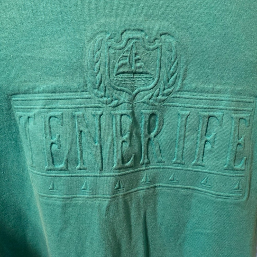 Vintage Fruit of the Loom BEST Tenerife Embossed T-Shirt Teal Green Large USA
